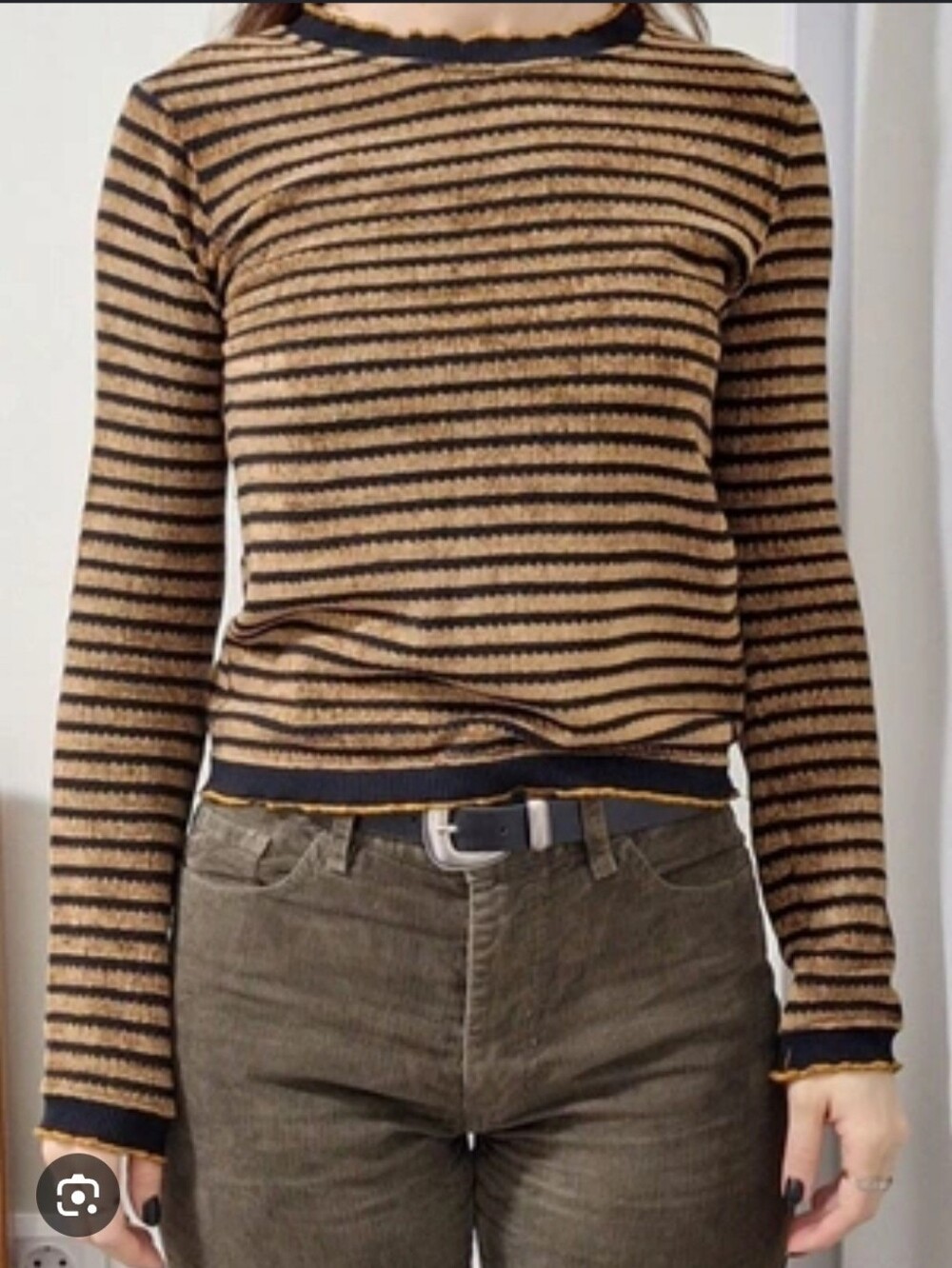 Zara Tan and Black Striped Crewneck Sweater